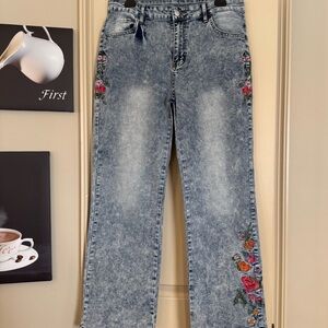 SHEIN Acid-Wash Blue Flare Jeans with Floral Embroidery